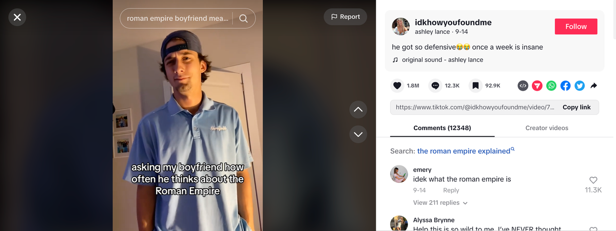 a screenshot of a tiktok account featuring a picture of a young man, looking confused, with the embedded caption 'how often do you think of the roman empire'?