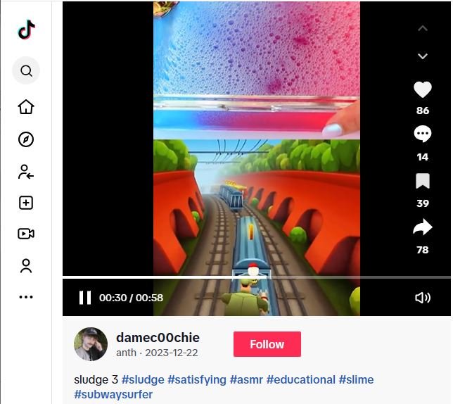 A screenshot of a TikTok account featuring a split horizontal screen. On top is some multicoloured sponge with fingers in it, the bottom screen is a videogame of a character running on a track jumping to collect coins