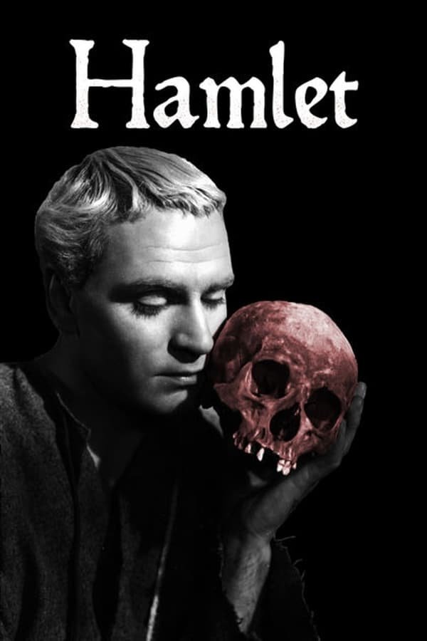 A black and white photo of Laurence Olivier as hamlet, in close up, holding his cheek against a red tinted skull