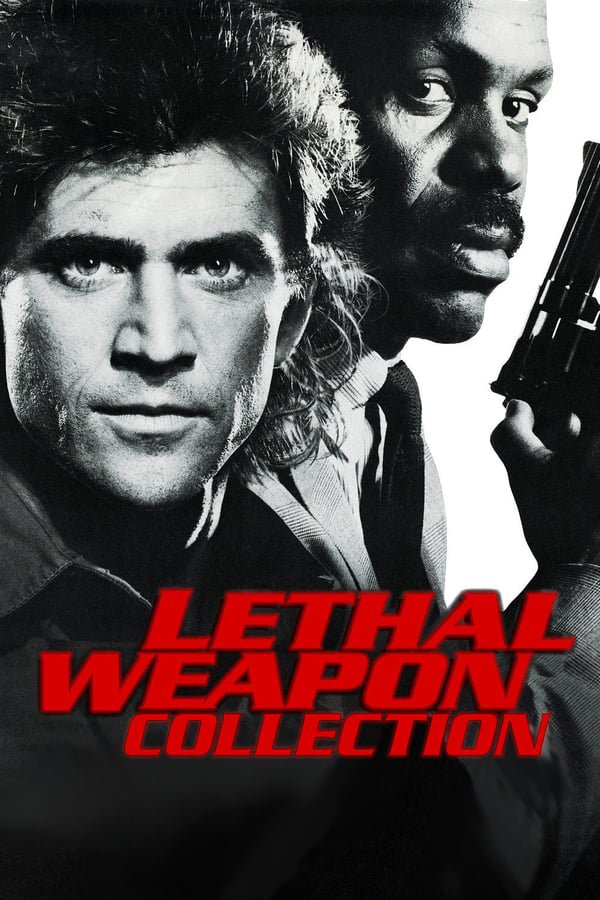 A black and white movie poster of Mel Gibson and Danny Glover holding guns